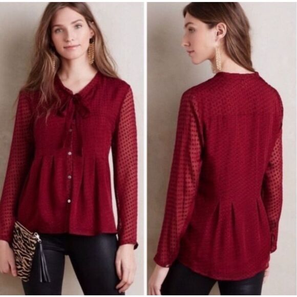 Anthropologie Meadow Rue Clipdot Tieneck Blouse in Raspberry, Sz Small - Picture 1 of 11